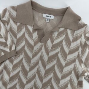 Jason Wu Mens Silk Cotton Chevron Knit Polo Shirt Tan Cream Zigzag Small
